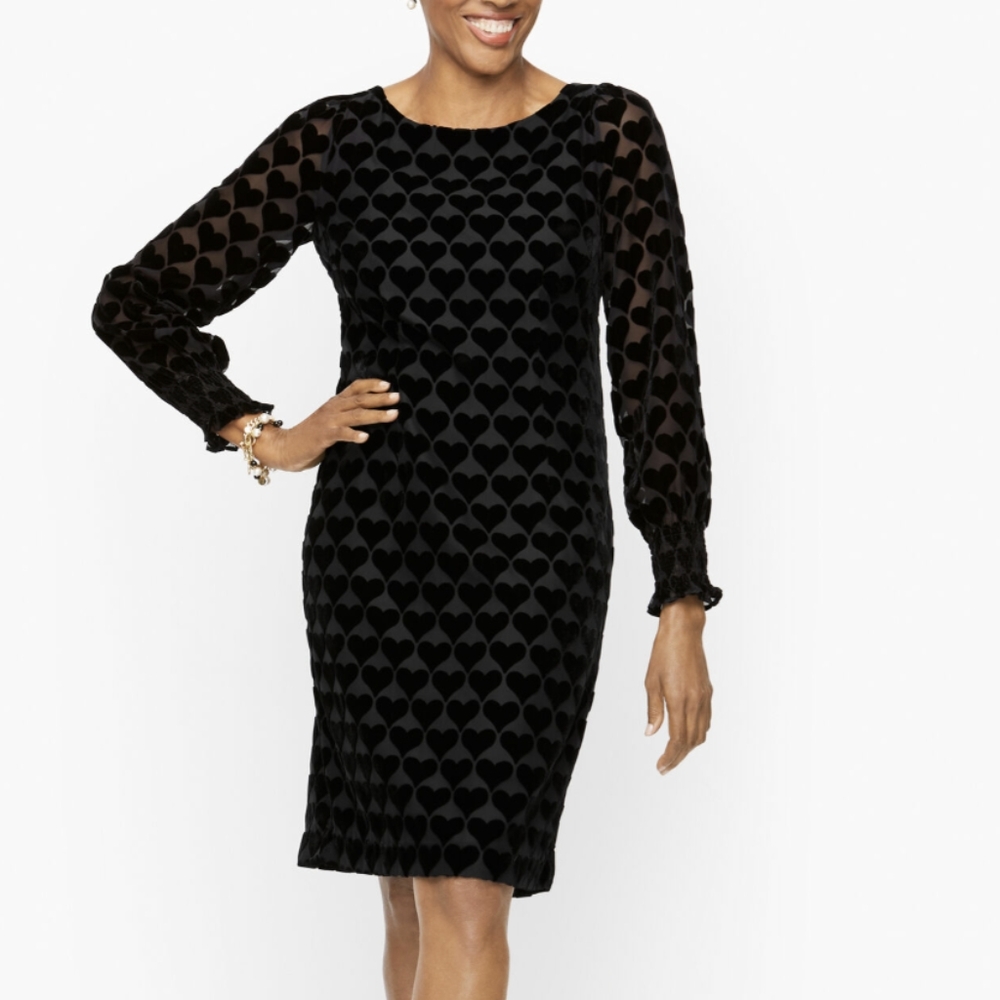 Talbots Heart Velvet A line Burnout Long Sleeve Black Dress - size 6 petite